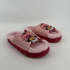 Strawberry Shortcake Slippers Womens 5 Pink Faux Fur Fleece Slide Indoor Cozy